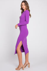 Purple Ribbed Mock Neck Long Sleeve Midi Dress