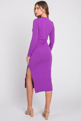 Purple Ribbed Mock Neck Long Sleeve Midi Dress