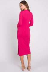 Fuchsia Ribbed Mock Neck Long Sleeve Midi Dress