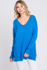 Blue Long Sleeve Side Slit Sweater