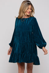 Teal Velvet Tiered Long Sleeve Maternity Dress