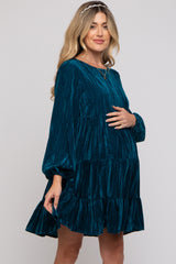 Teal Velvet Tiered Long Sleeve Maternity Dress