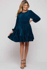 Teal Velvet Tiered Long Sleeve Maternity Dress