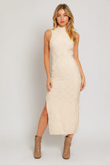 Cream Checkered Mock Neck Maxi Dress