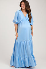 Light Blue V-Neck Flutter Sleeve Tiered Maternity Maxi Dress
