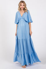 Light Blue V-Neck Flutter Sleeve Tiered Maternity Maxi Dress
