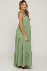 Sage Sleeveless Tiered Maternity Maxi Dress