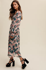 Hunter Green Floral Print Smocked Square Neck Maxi Dress