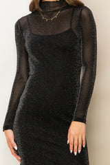 Black Shimmer Mesh Long Sleeve Dress