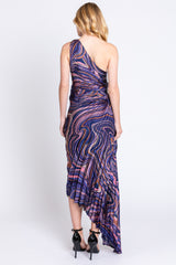 Purple Swirl Pleated One Shoulder Maxi Dress