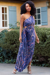 Purple Swirl Pleated One Shoulder Maxi Dress