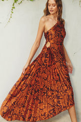 Rust Pleated Print One Shoulder Maternity Maxi Dress