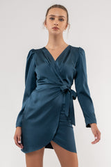 Dark Teal Solid Satin Surplice Wrap Mini Dress