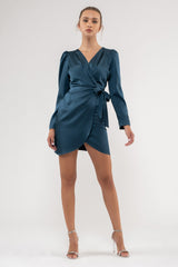 Dark Teal Solid Satin Surplice Wrap Mini Dress