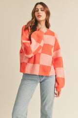 Orange Apricot Oversized Checkered Pullover Sweater