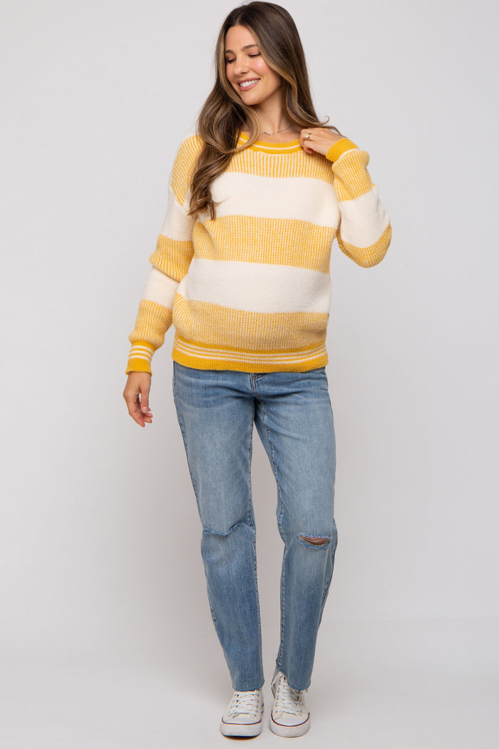 Yellow Fuzzy Striped Maternity Sweater