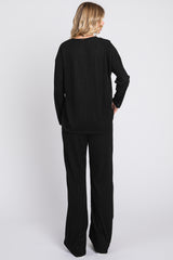 Black Ribbed Soft Knit Long Sleeve Pajama Set