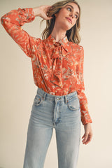 Rust Multi Floral Tie Neck Button-Down Floral Shirt