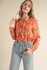 Rust Multi Floral Tie Neck Button-Down Floral Shirt