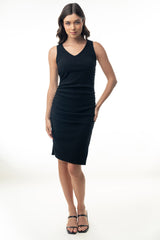 Black Ruched V-Neck Maternity Fitted Dress