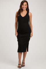 Black Ruched V-Neck Maternity Fitted Dress