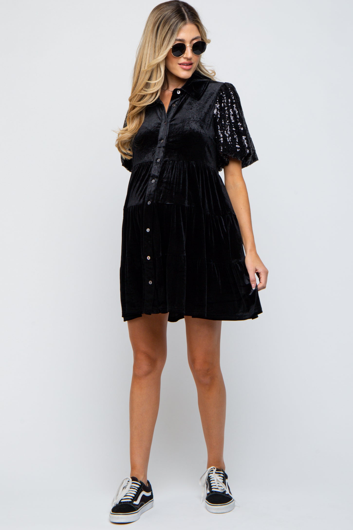 Black Velvet Tiered Sequin Short Sleeve Maternity Dress