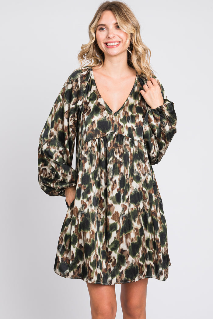 Olive Printed Long Sleeve Dress