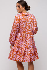 Rust Print Collared Puff Sleeve Maternity Dress