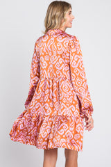 Rust Print Collared Puff Sleeve Dress