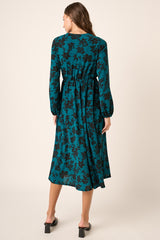 Teal Flower Print Long Sleeve Surplice Midi Dress