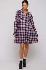 Navy Plaid Button Down Oversize Maternity Mini Shirt Dress