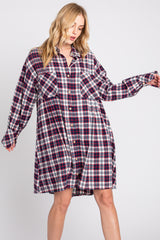 Navy Plaid Button Down Oversize Mini Shirt Dress