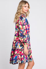 Multicolor Print Satin 3/4 Sleeve Dress