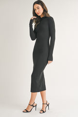 Black Mock Neck Long Sleeve Midi Dress