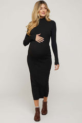 Black Mock Neck Long Sleeve Maternity Midi Dress