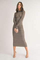 Brown Mock Neck Long Sleeve Midi Dress