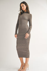 Brown Mock Neck Long Sleeve Midi Dress