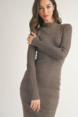 Brown Mock Neck Long Sleeve Midi Dress