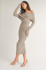 Taupe Rib Knit Off Shoulder Maxi Dress