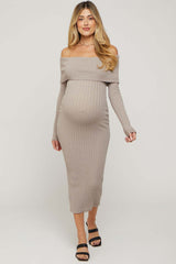 Taupe Rib Knit Off Shoulder Maternity Maxi Dress