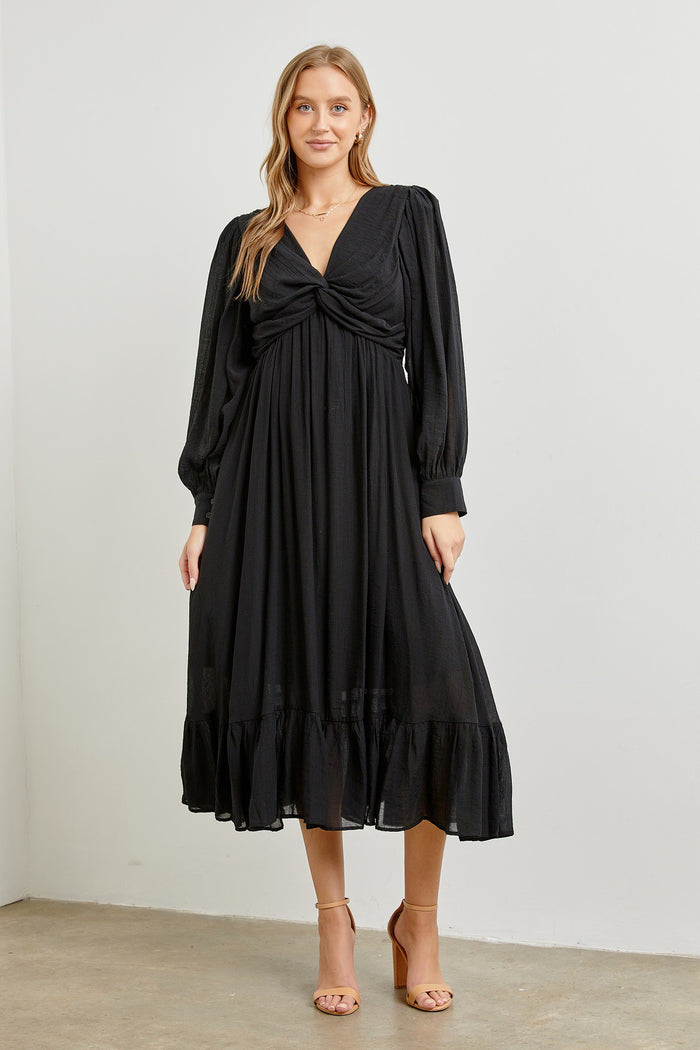 Black Twisted Front Long Sleeve Ruffle Hem Maternity Midi Dress