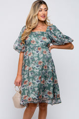 Green Floral Puff Sleeve Maternity Dress