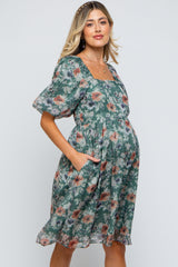 Green Floral Puff Sleeve Maternity Dress