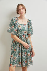 Green Floral Puff Sleeve Maternity Dress