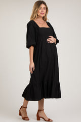 Black Square Neck Puff Sleeve Maternity Midi Dress