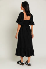 Black Square Neck Puff Sleeve Midi Dress