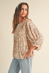 Brown Floral Ruffle Blouse