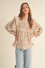 Brown Floral Ruffle Blouse