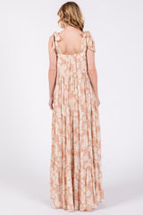 Light Pink Leaf Printed Square Neckline Tie Strap Tiered Maxi Dress