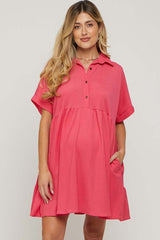 Coral Collared Button Front Short Sleeve Maternity Dress